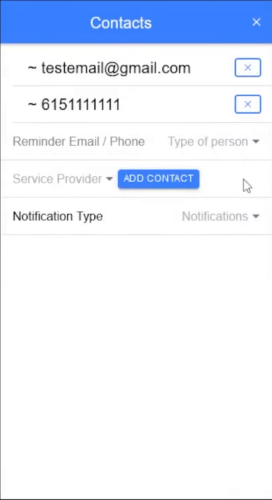 Contacts page with a test email and phone number and an add contact form