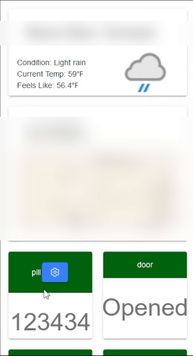 Dashboard with weather, a blurred location map, and pill and door status tiles