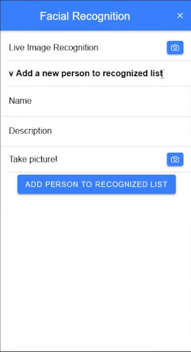 Facial recognition page with a form to add a person by name, description and photo