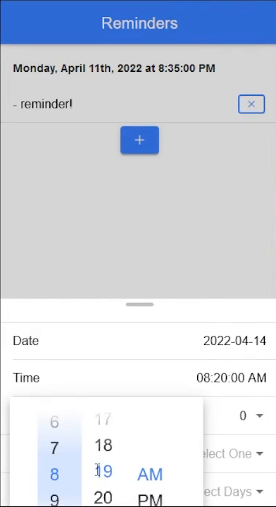 Reminders page with one reminder and a form to add another