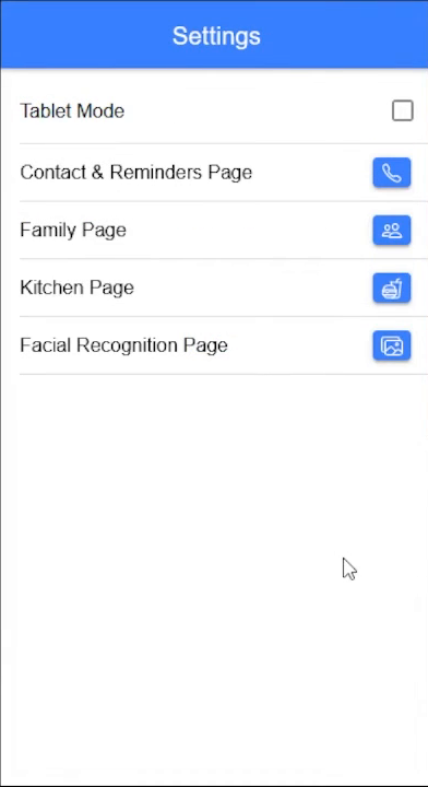 Settings page listing contacts, family, kitchen and facial recognition pages