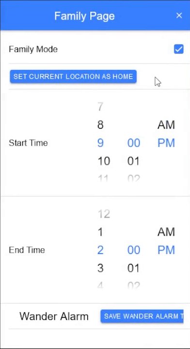Family page with a set home location button and wander alarm start and end times